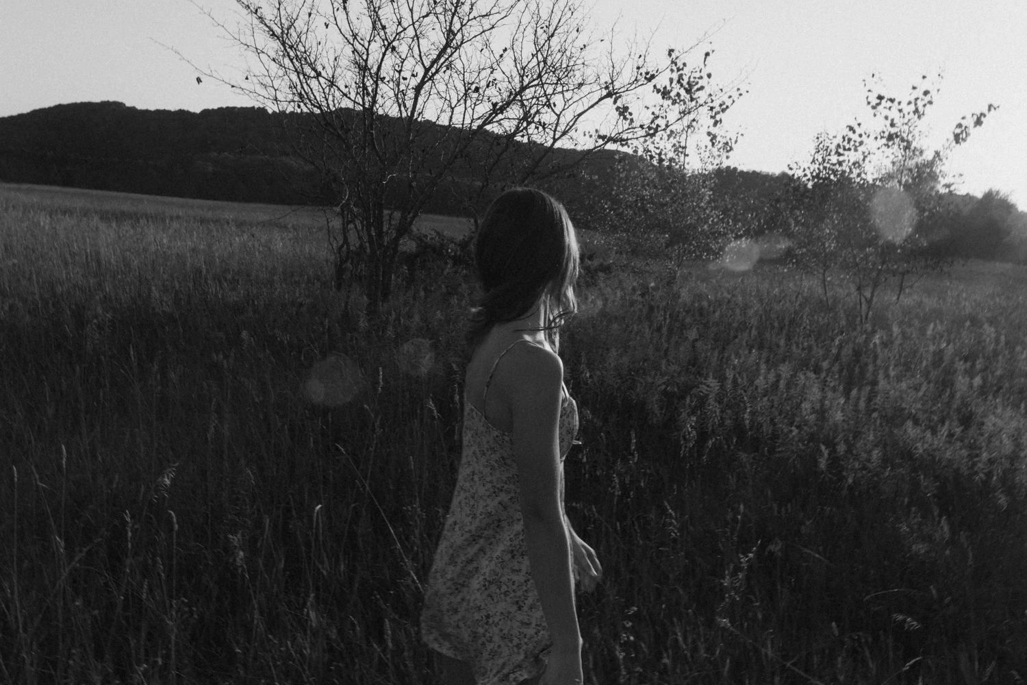 Silhouetted figure stands in a field against a dramatic sunset sky.