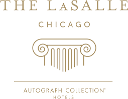 Gold text reading 'THE LASALLE CHICAGO' with ornate architectural column designs in a luxury hotel branding style.