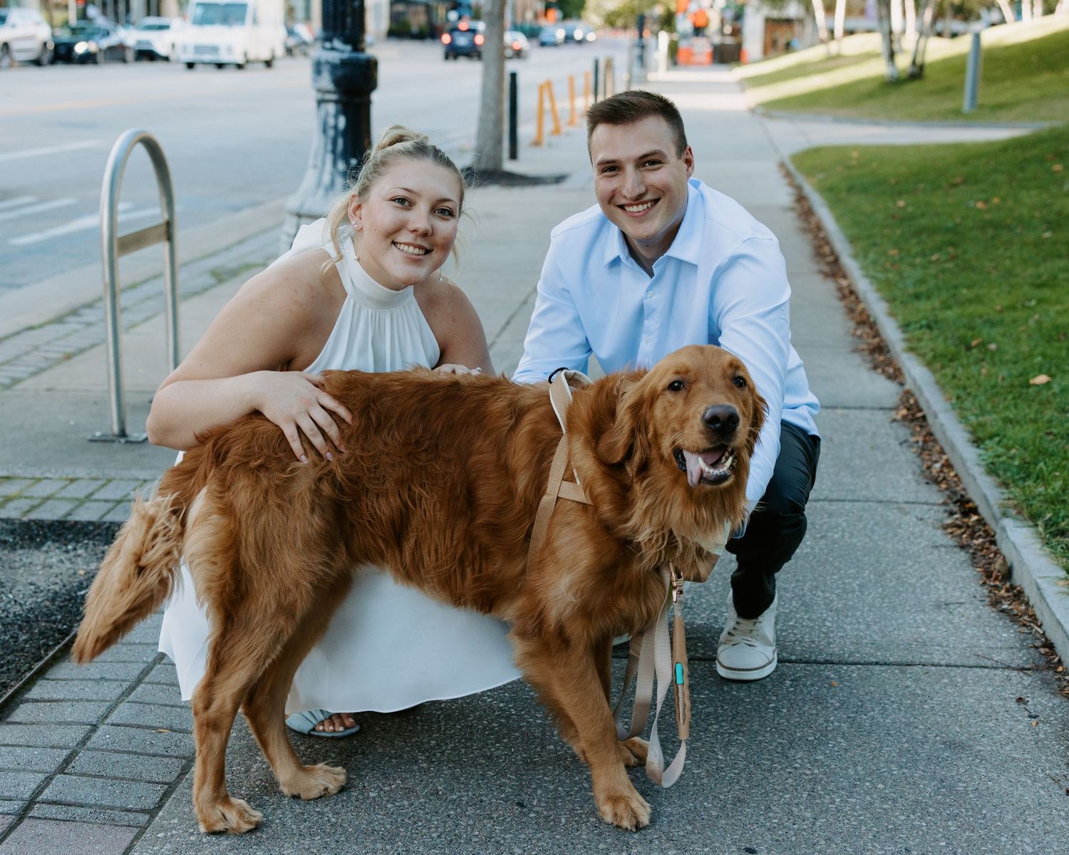 A golden retriever poses with owners on a sidewalk during an outdoor photo session.