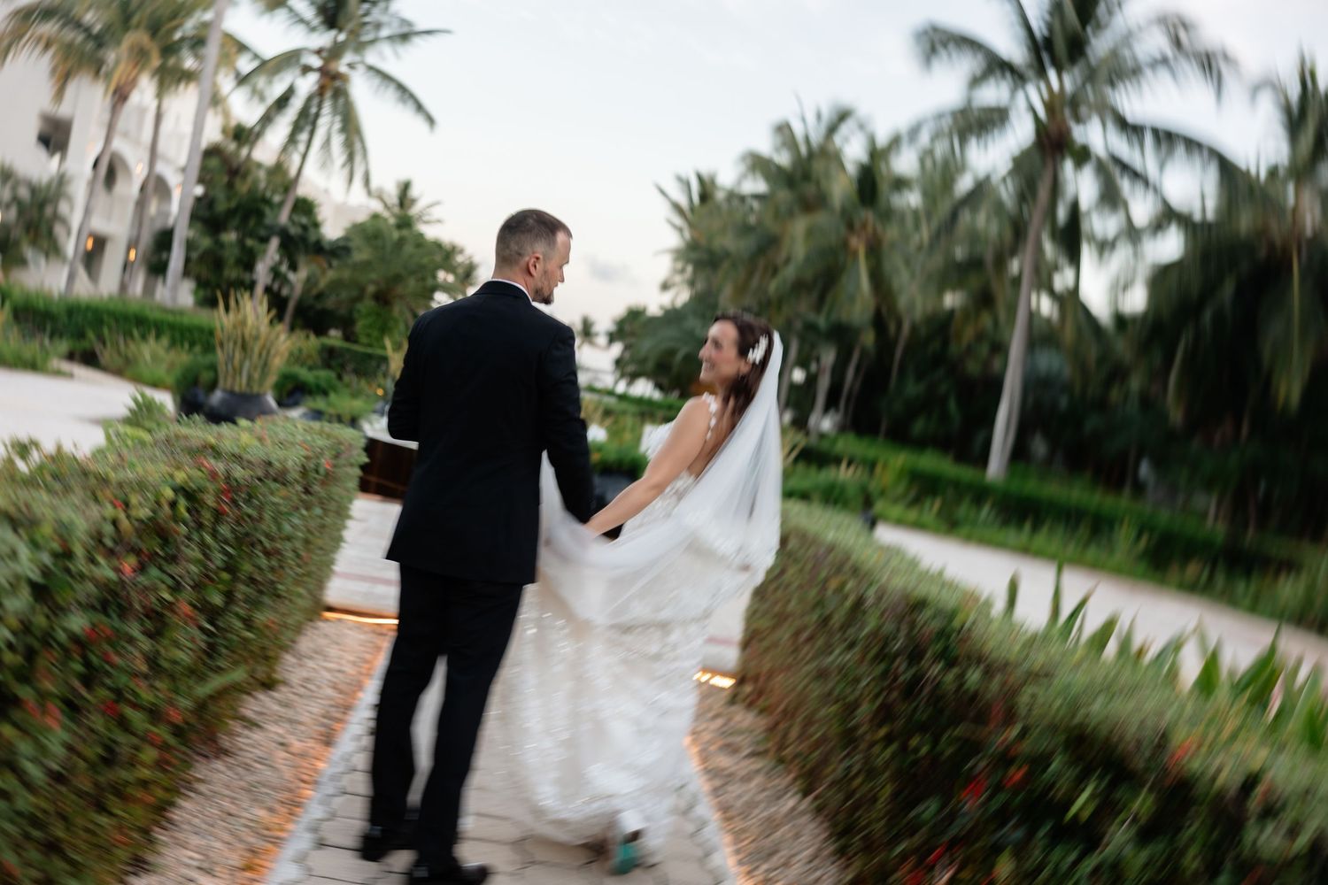 A couple walks hand in hand along a tropical garden path with swaying palm trees.