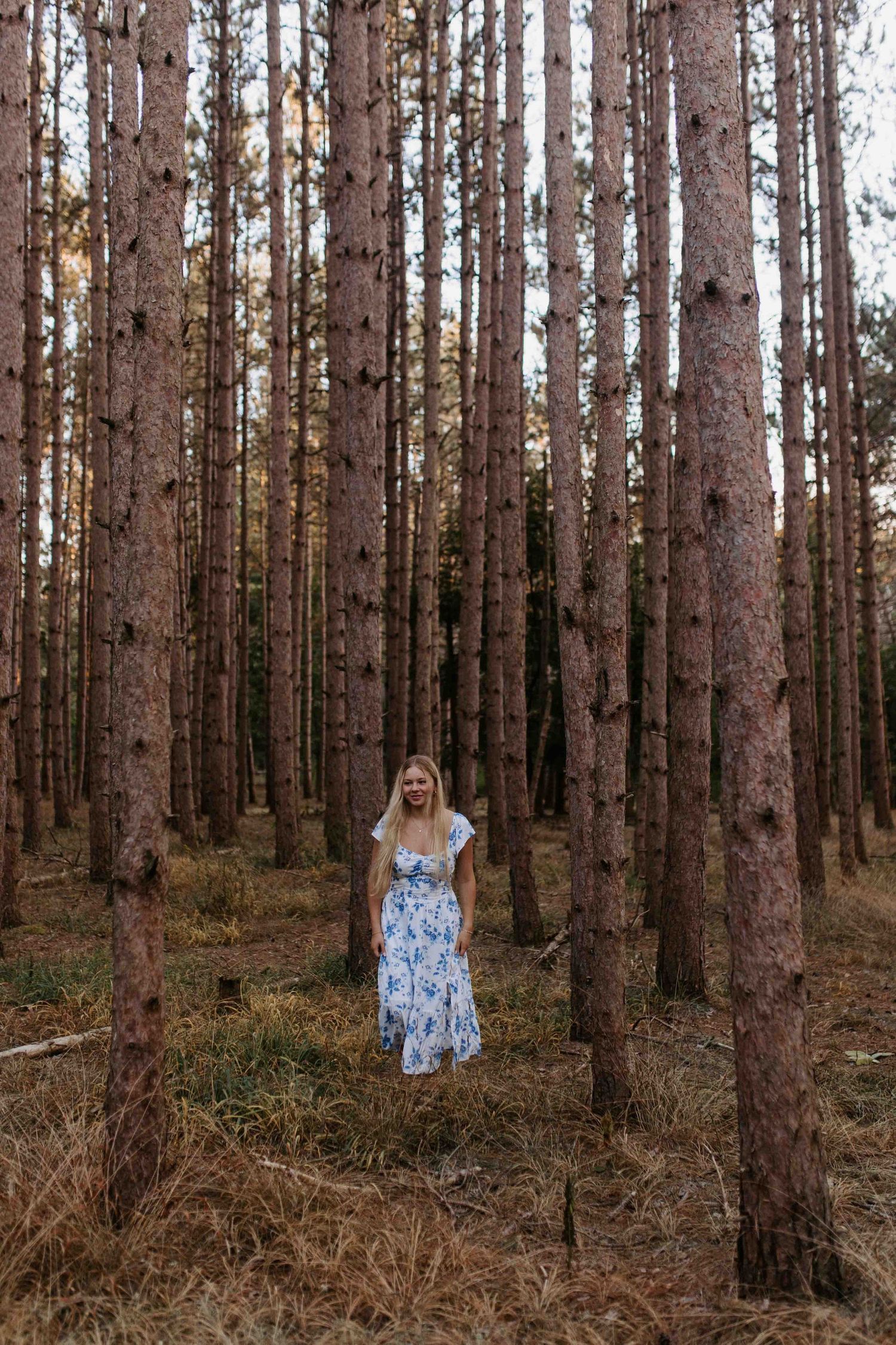 Woman in floral dress poses between rows of tall pine trees in a forest setting.