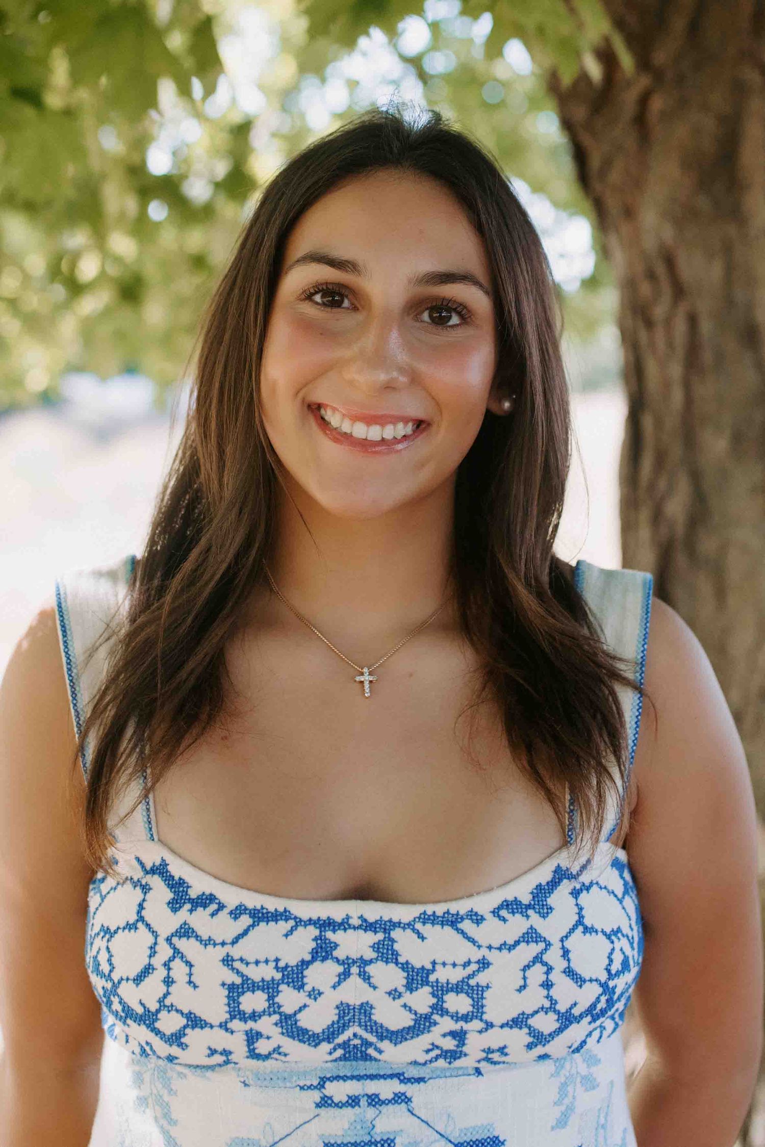 Outdoor portrait in sunlight featuring a blue and white patterned summer dress.