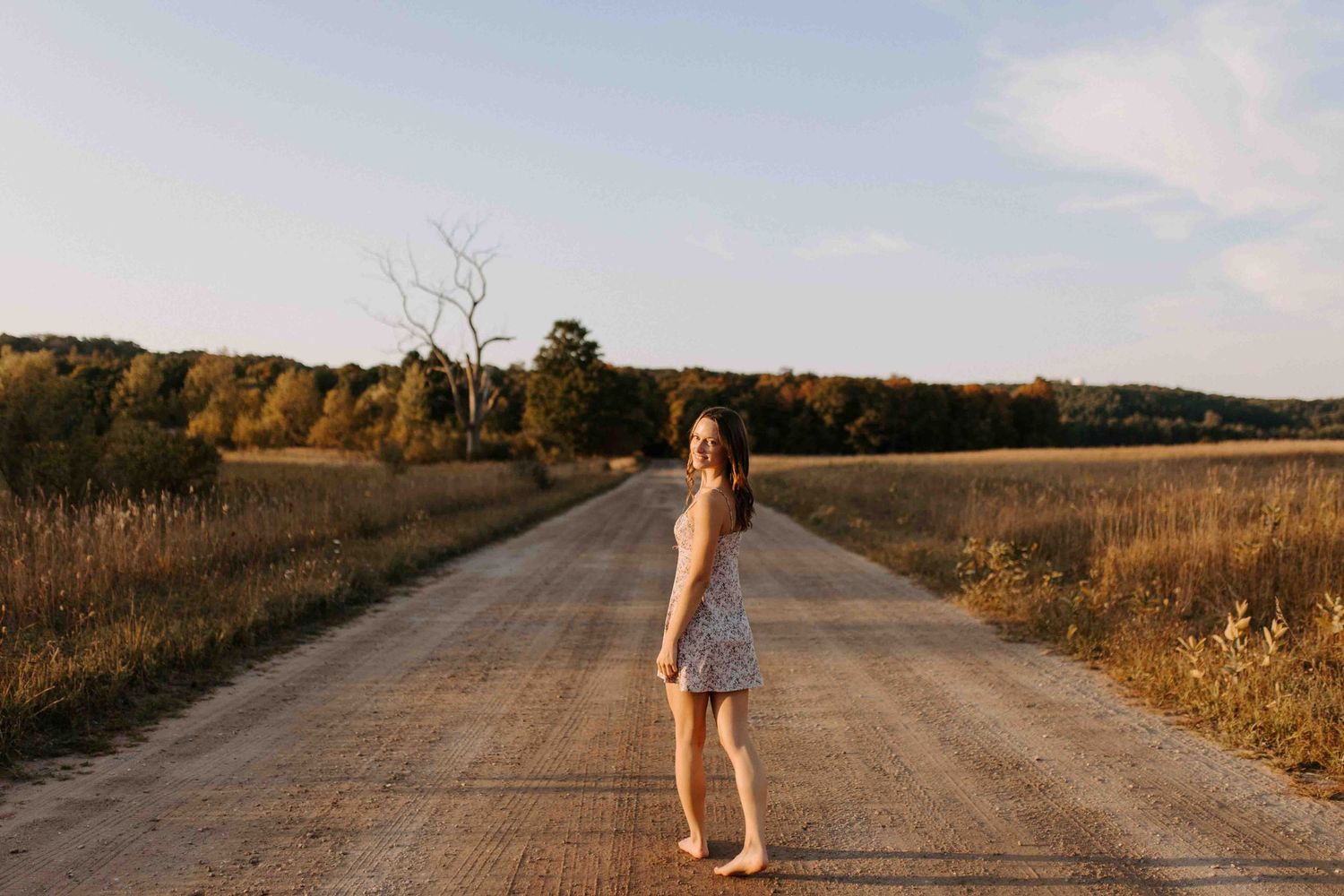 A figure walks along a rural dirt road surrounded by autumn fields at dusk.