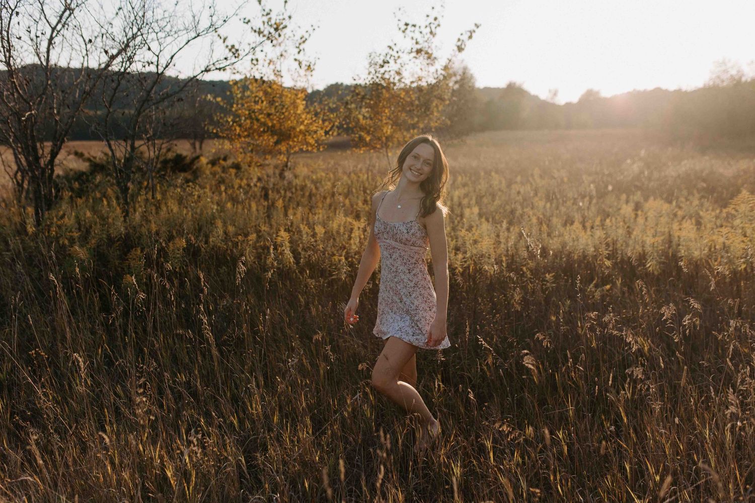 Panoramic view of a meadow at sunset with a person standing among wildflowers.