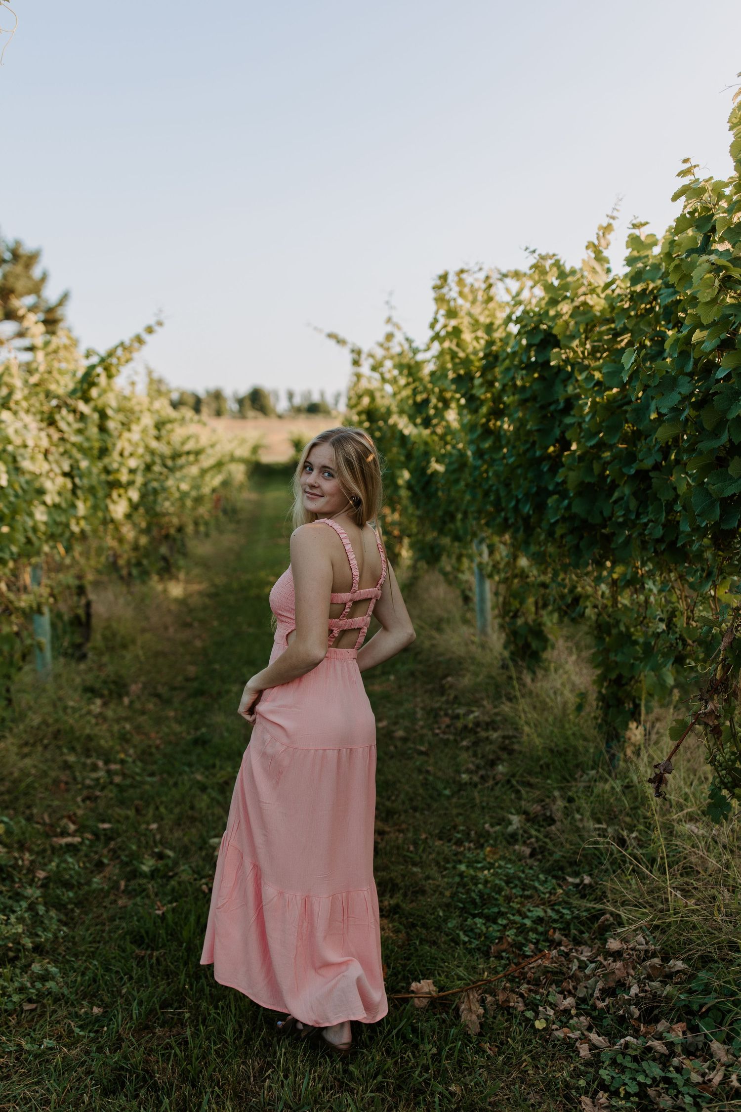 Woman in pink maxi dress walks through vineyard at sunset.
