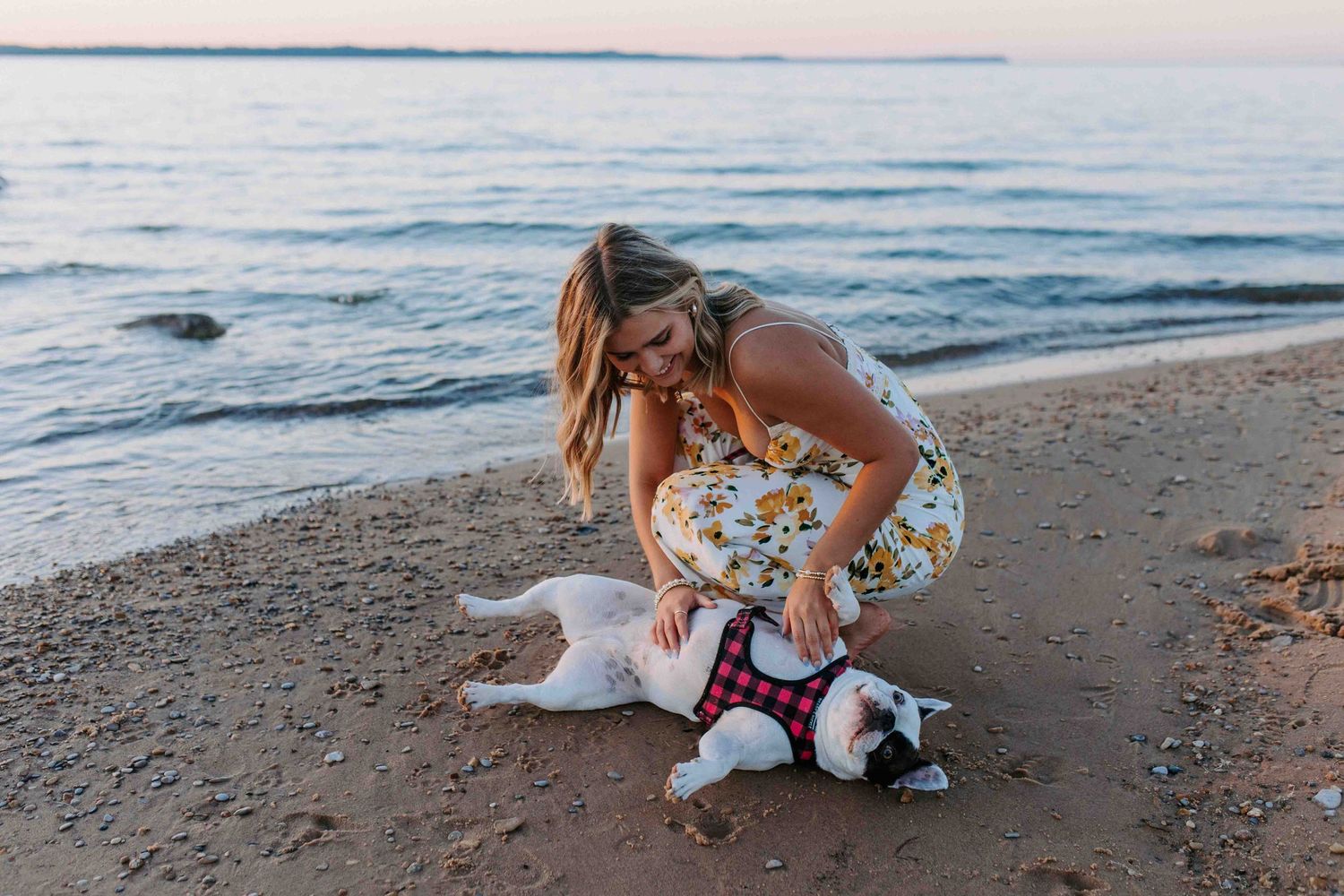 A person in a floral sundress plays with a small black and white dog on a rocky beach.