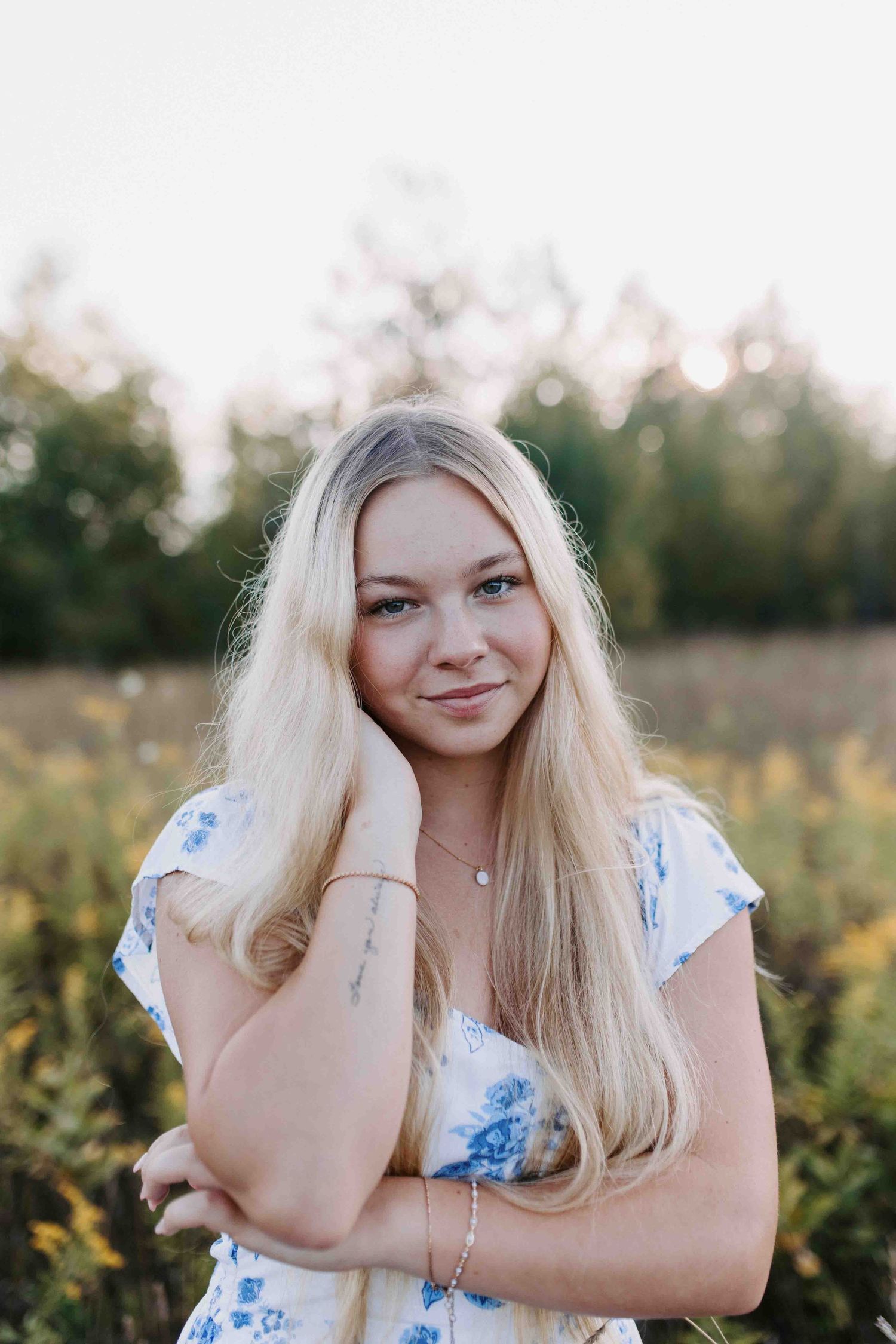 Close-up portrait with natural lighting in wildflower field.