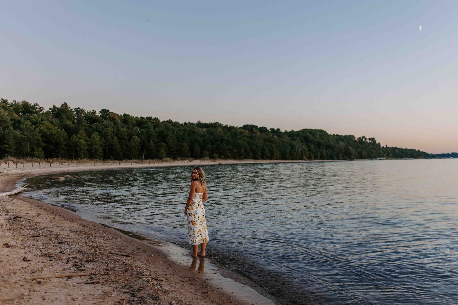 Wide angle view of beach shoreline with trees and calm waters at sunset.
