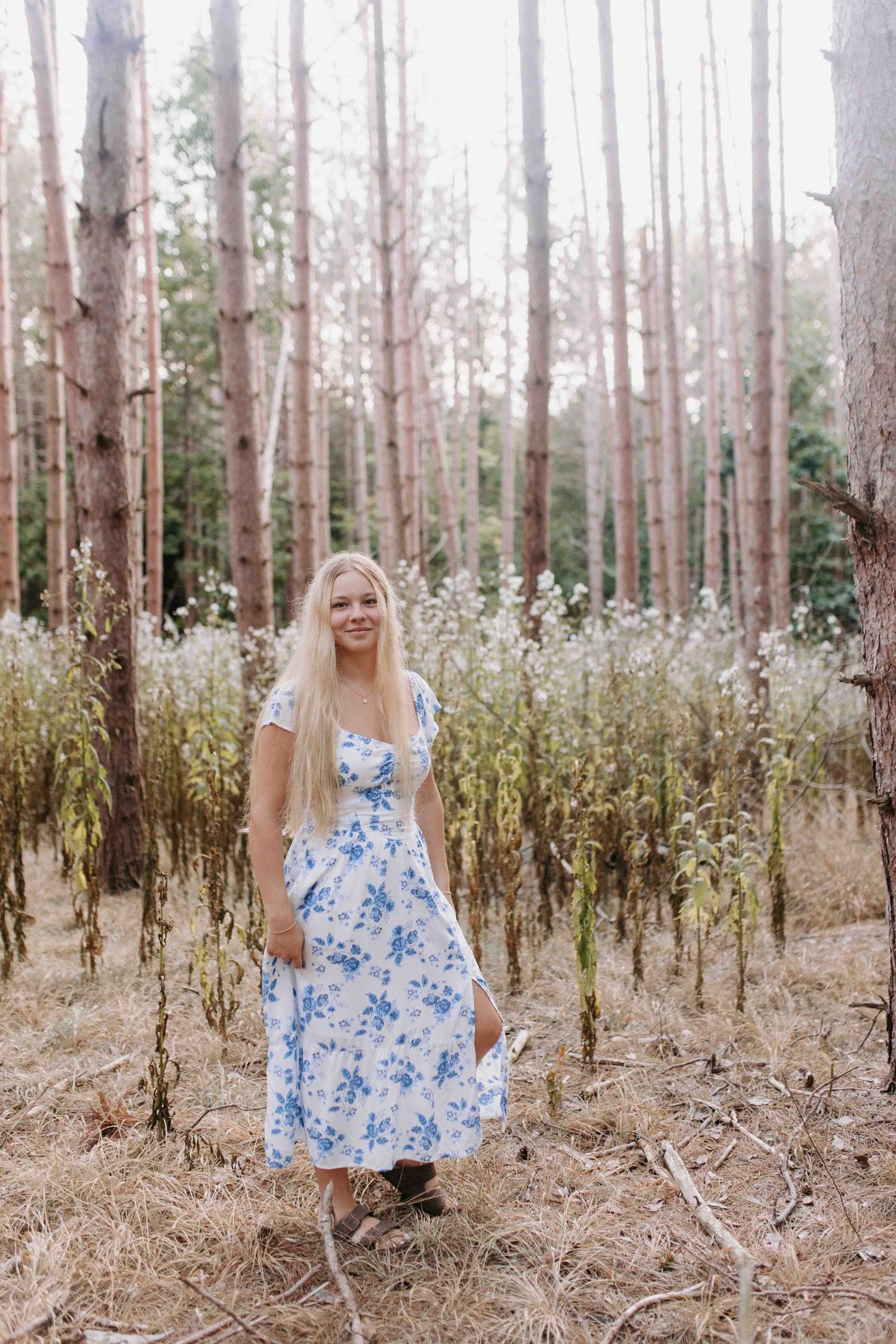 Person in blue floral dress stands among tall pine trees in a forest.