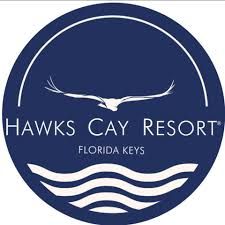 A row of circular navy blue and white resort logos featuring seabirds and waves for Hawks Cay Resort in the Florida Keys.