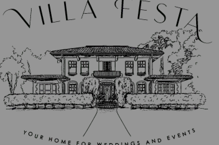 Architectural sketches of Villa Festa buildings and structures in black and white line drawings.