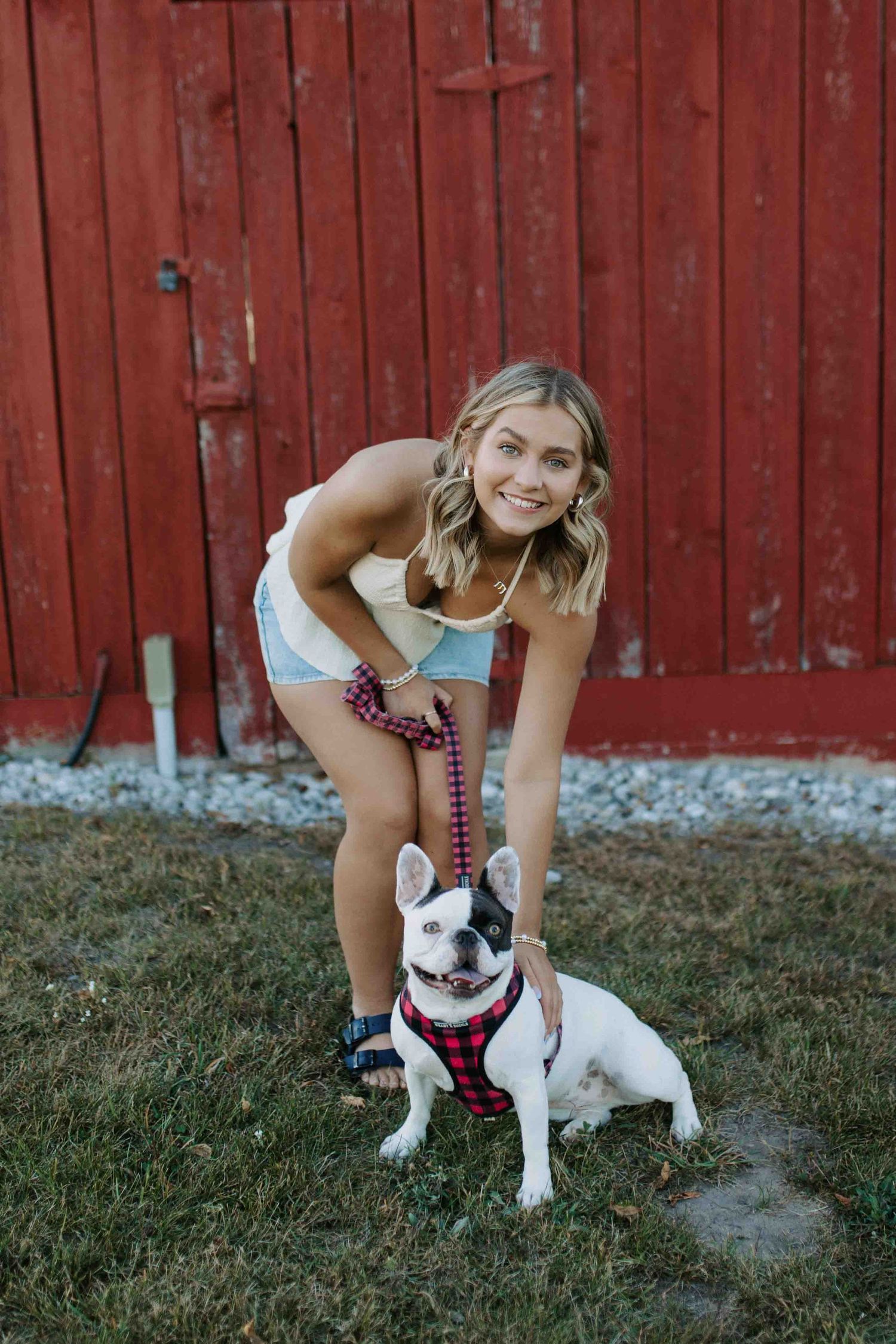 Playful outdoor photoshoot with French Bulldog near red barn wall.