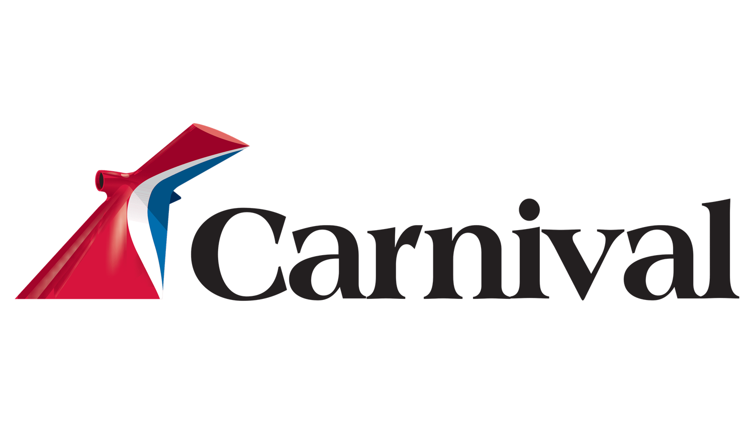 A cruise ship's bow with the Carnival logo prominently displayed against a bright blue sky.
