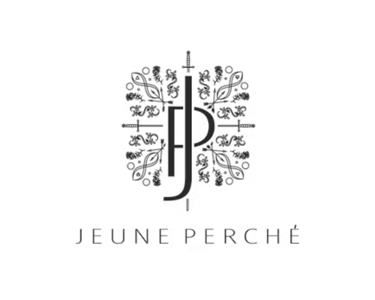Elegant logo design for Jeune Perche brand featuring decorative floral elements and monogram.