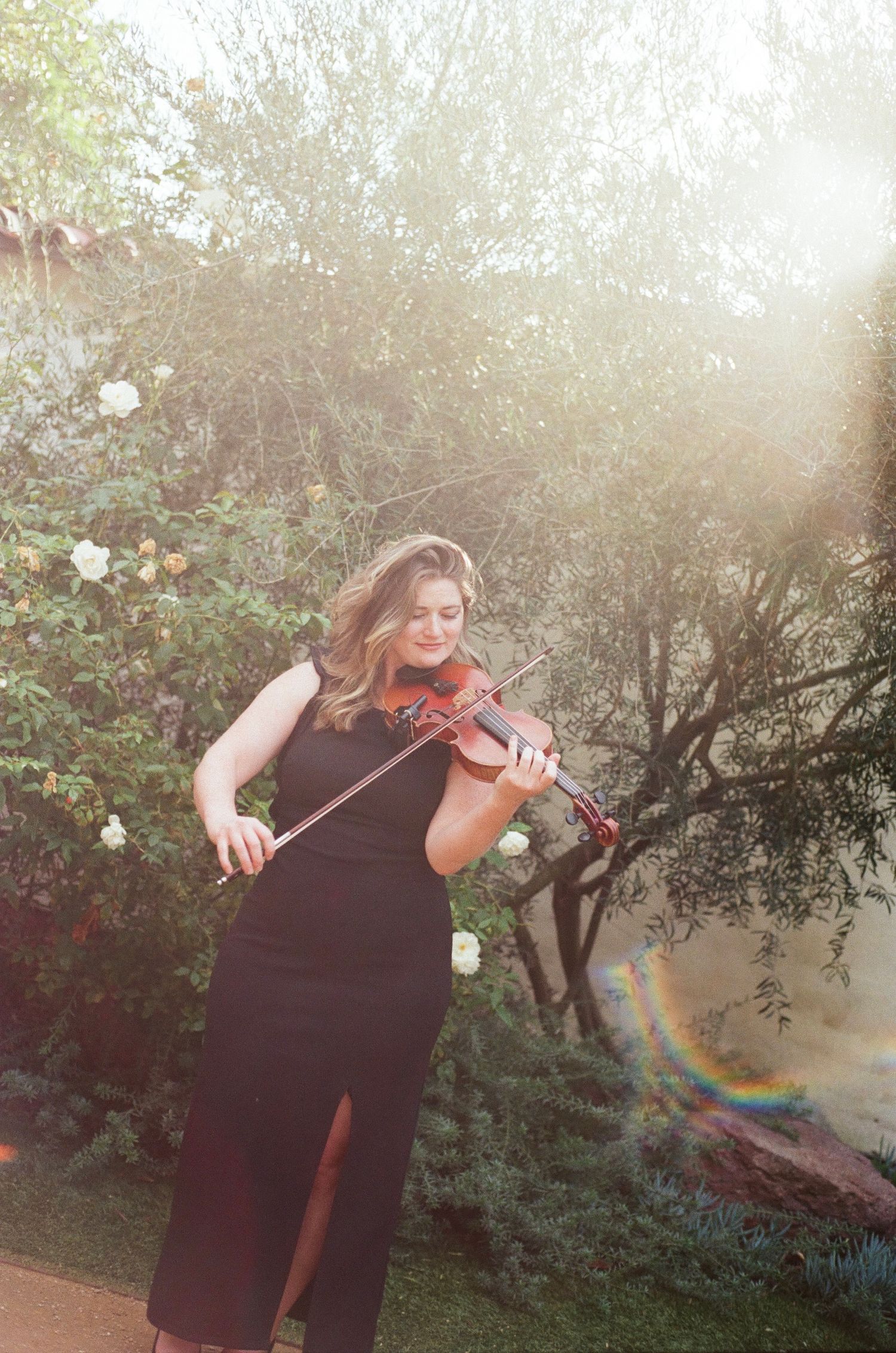 Violinist in black dress performs outdoors during sunset with sunflare creating a dreamy atmosphere in garden setting.