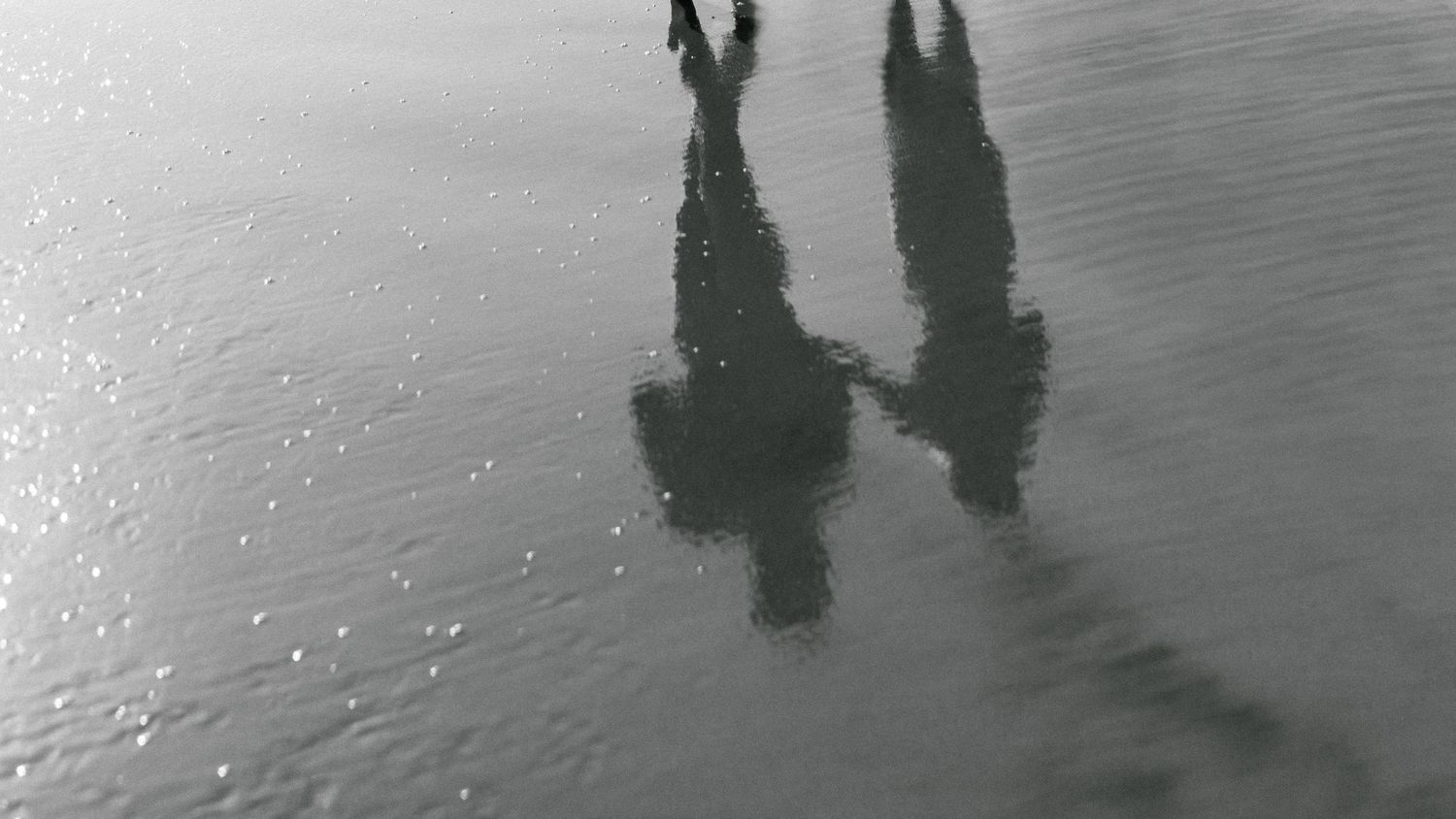 Two silhouettes of people walking along a wet beach with reflections in the shallow water during sunset.