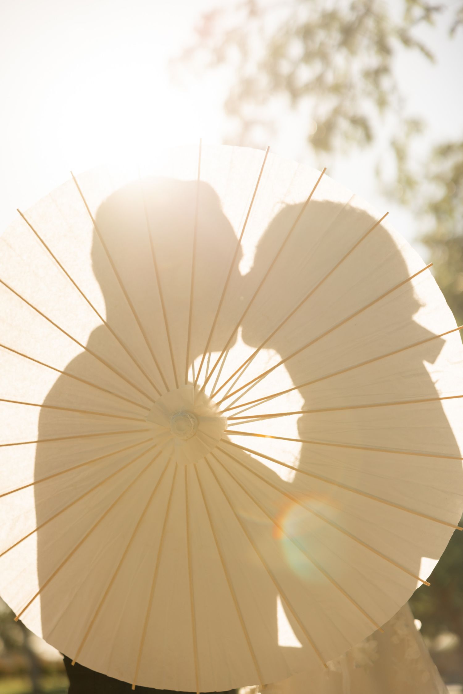 A white paper parasol silhouetted against sunlight creates a romantic backlit effect with lens flare.