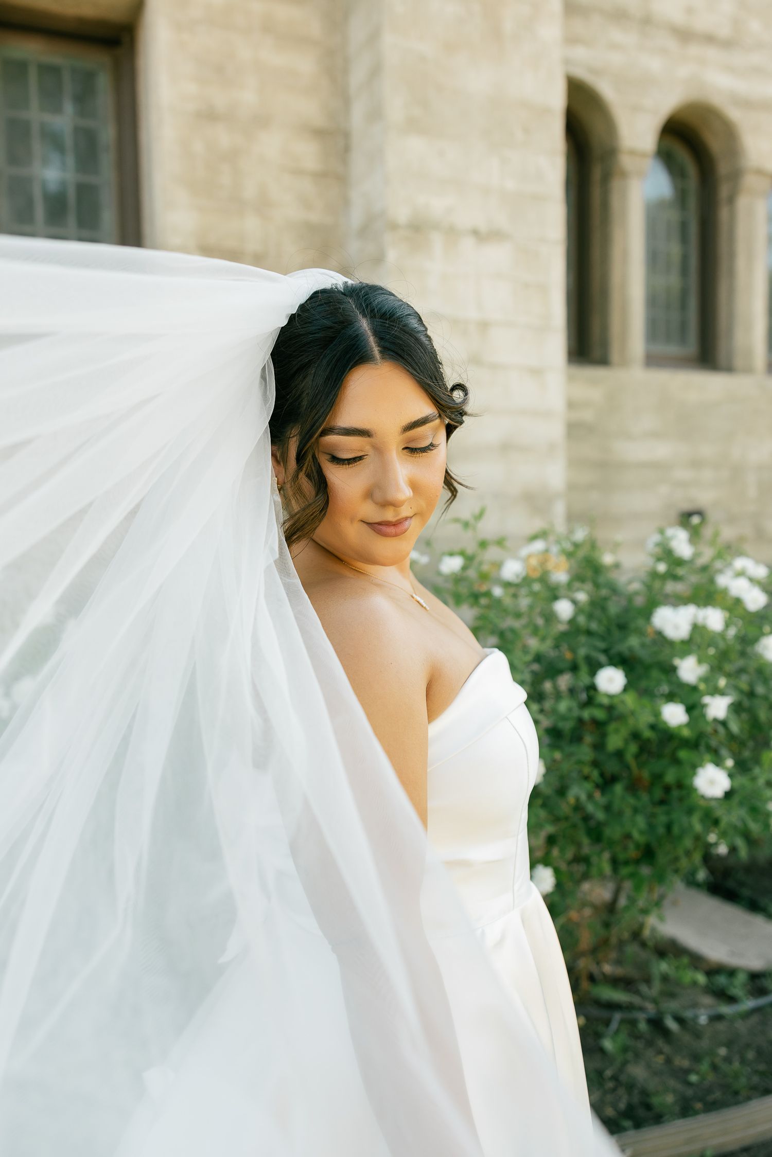 A bride in a strapless white gown poses with her flowing veil against a garden backdrop with white roses.