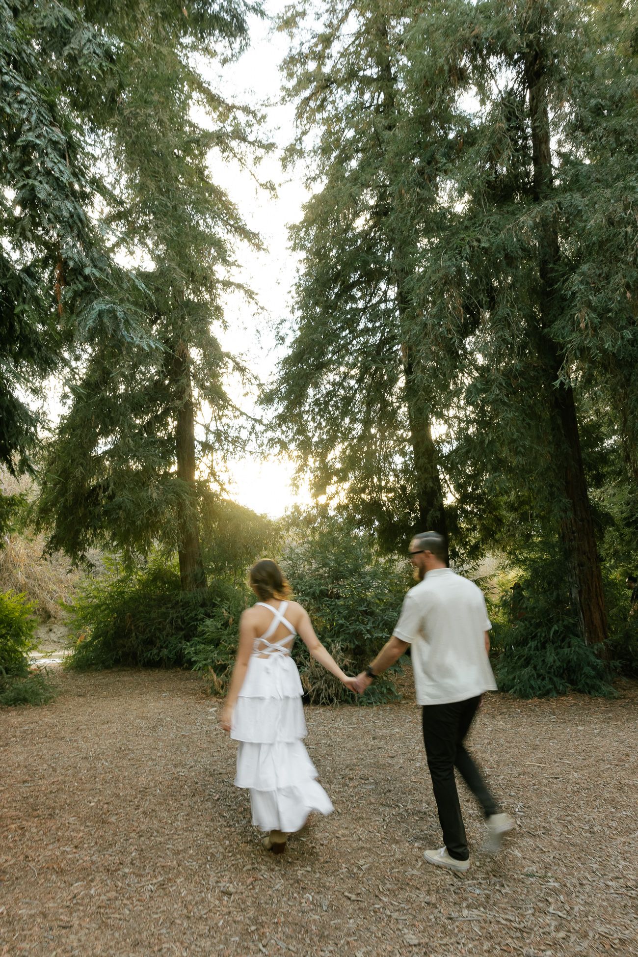 Romantic couple walking hand in hand on a dirt path through evergreen trees at sunset in a forest setting.