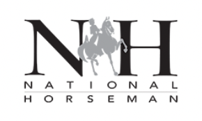 A black and white logo featuring a silhouette of a person riding a horse between the letters 'NH' for National Horseman.