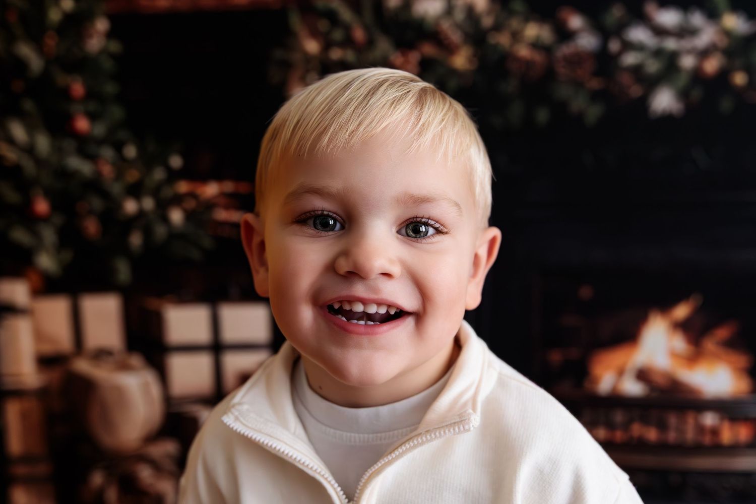 Holiday photo series with festive lights and Christmas decorations in the background.