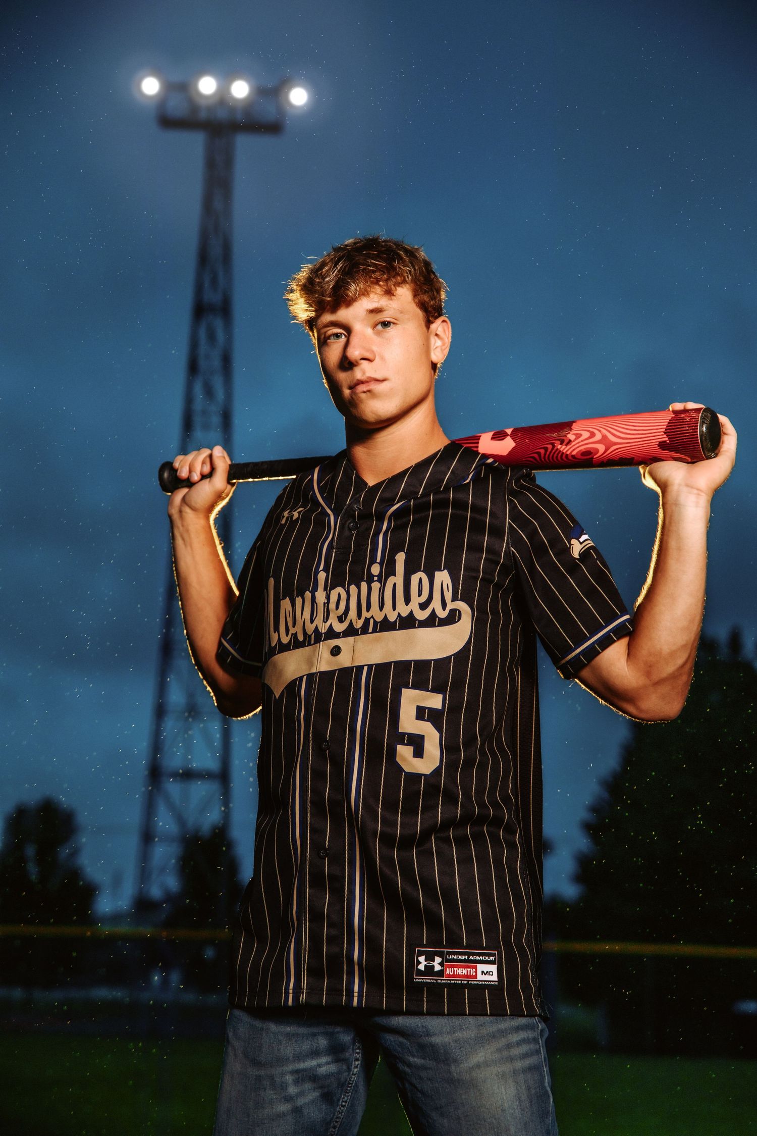Baseball player in pinstriped uniform poses with bat at dusk against dramatic blue sky with stadium lights.