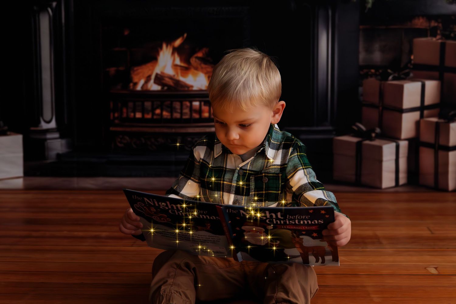 Child exploring a toy train set on wooden floor in warm lighting.