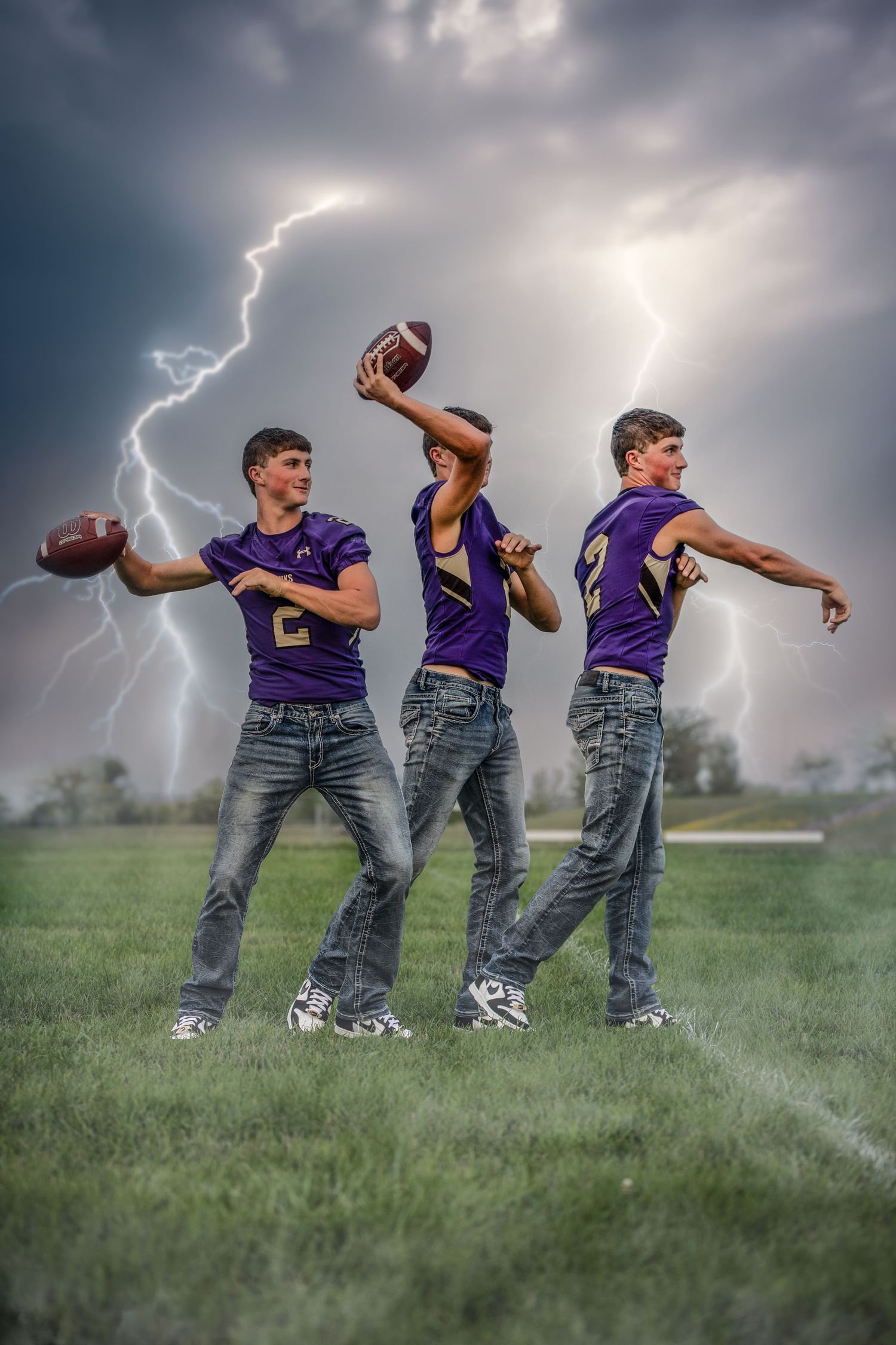 Sequence of photos showing a football player in purple jersey throwing a ball against dramatic stormy sky with lightning.
