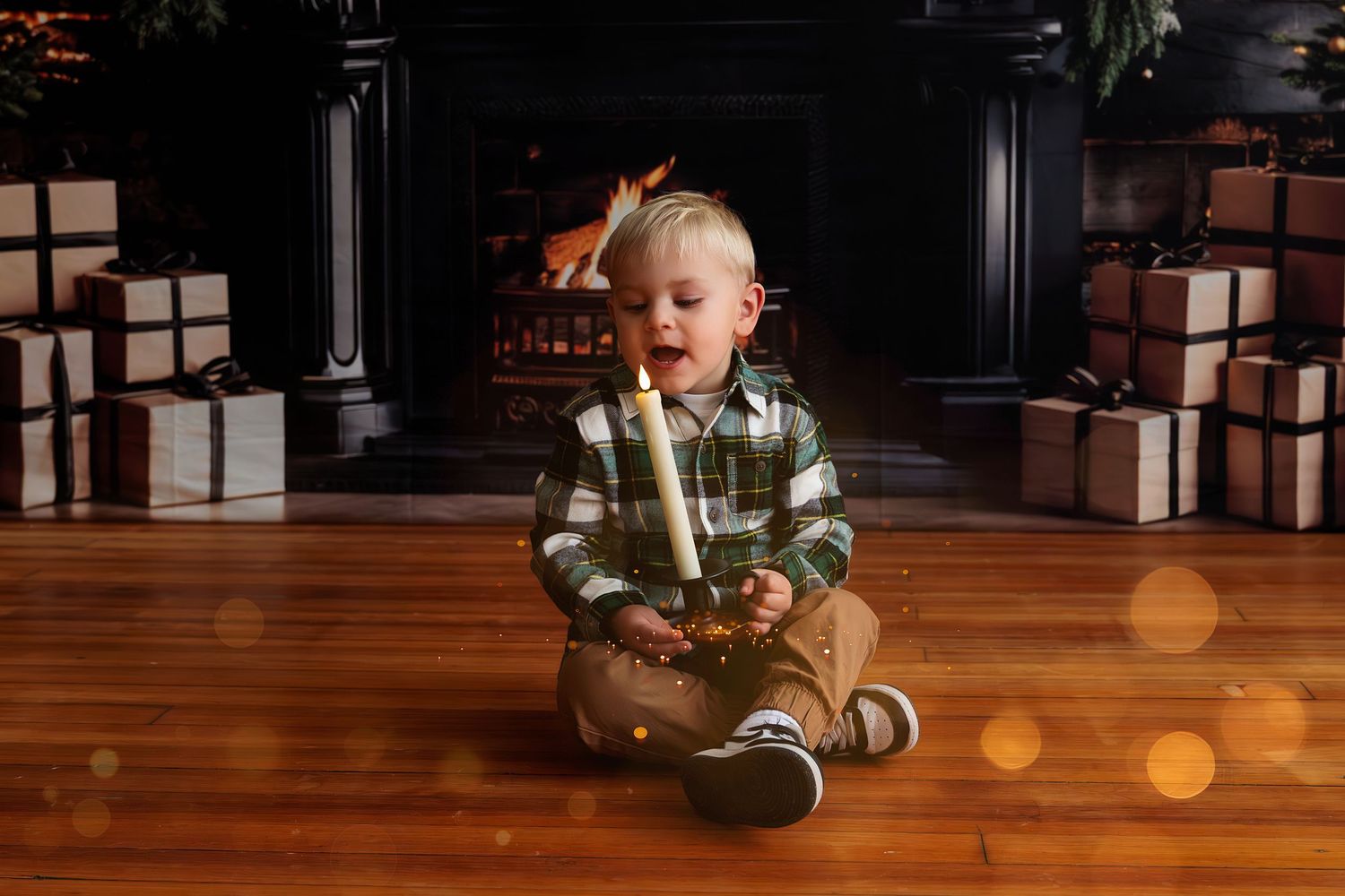 Cozy indoor scene with holiday decorations and warm lighting on wooden floors.