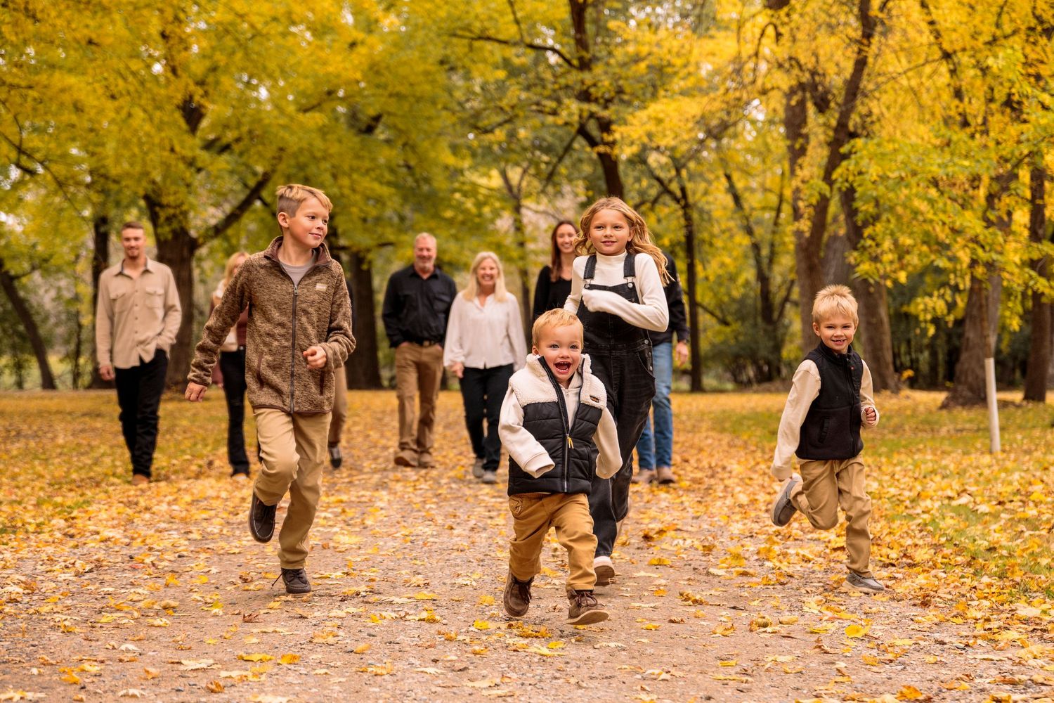 People walking along a path surrounded by bright yellow autumn trees in a park.