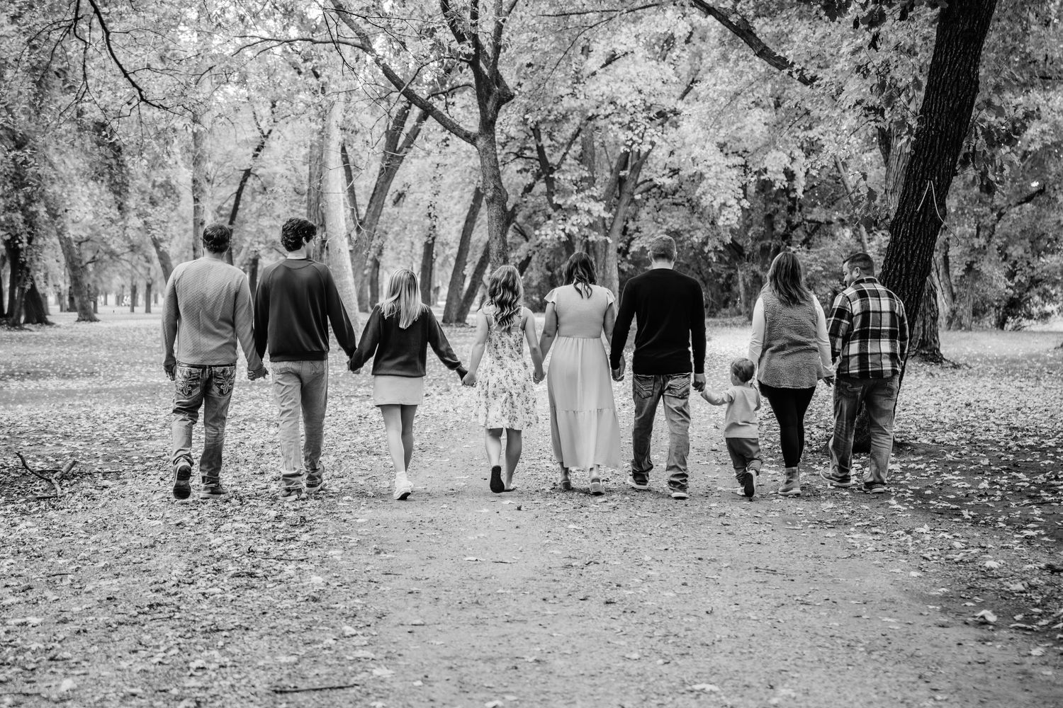 Black and white image of group walking together on tree-lined path.