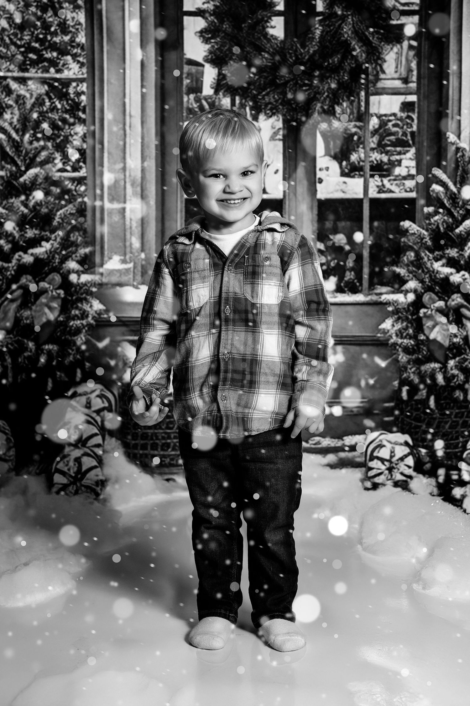 Winter scene with snow falling around decorated Christmas trees and twinkling lights.
