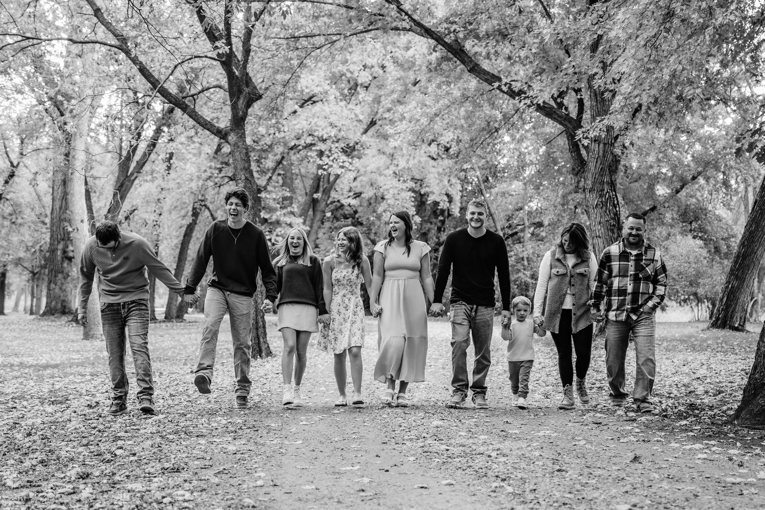 Black and white panoramic shot of people walking together through a tree-lined path.