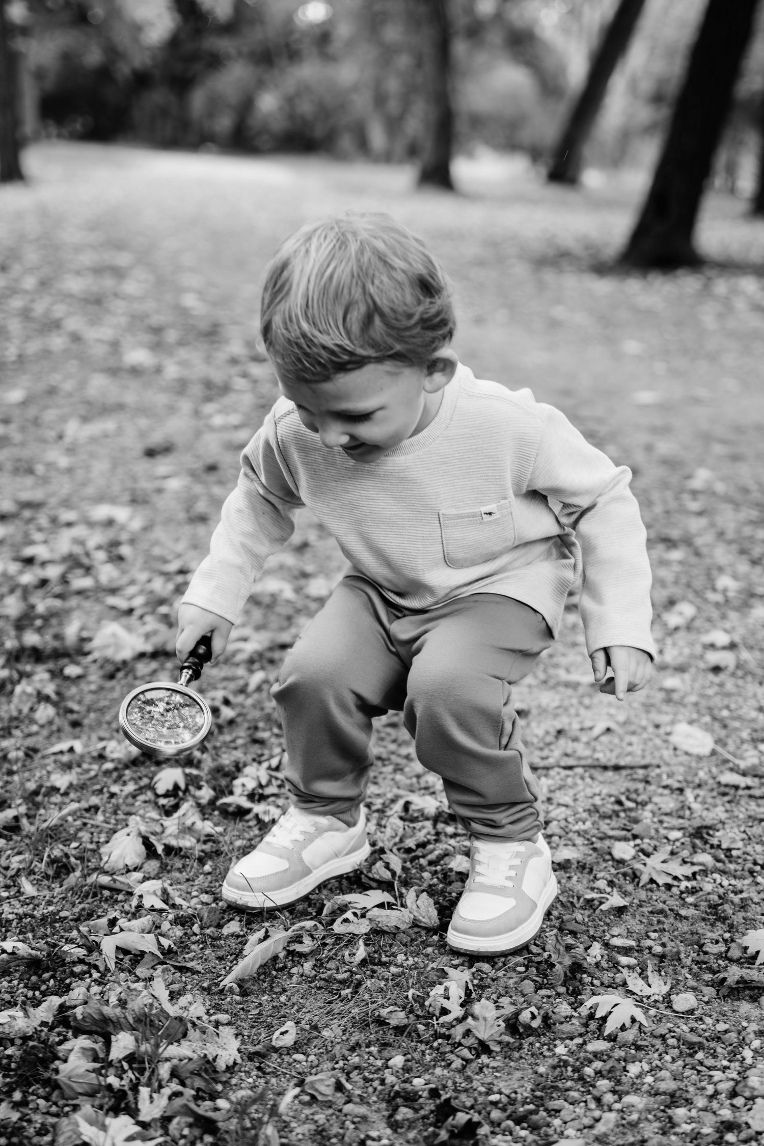 A small child crouches down to examine fallen leaves on the ground.