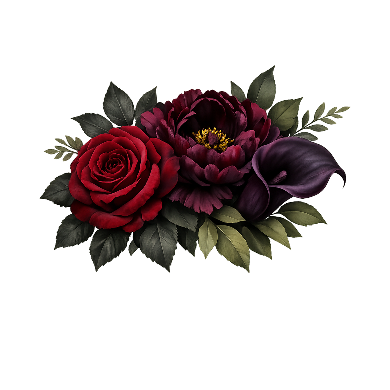 Dark floral arrangement featuring deep red rose, burgundy peony, purple calla lily, and lush green leaves on white background.