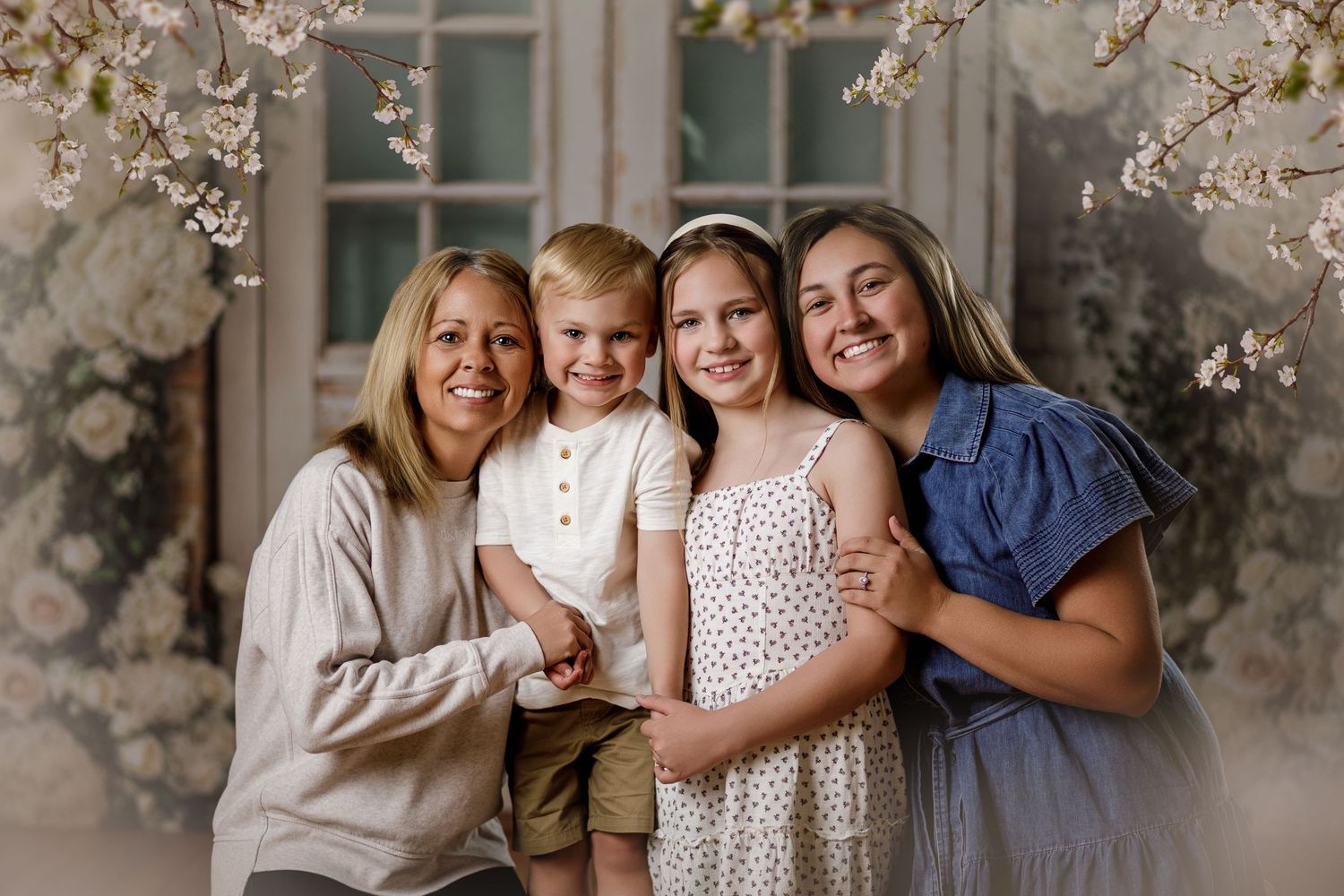 Smiling family of four poses together in front of a floral backdrop in a color portrait.