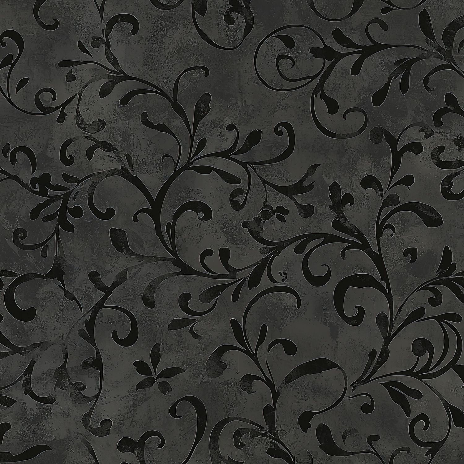 Dark charcoal fabric with elegant black scrolling vine and floral pattern, subtle tonal design perfect for quilting.