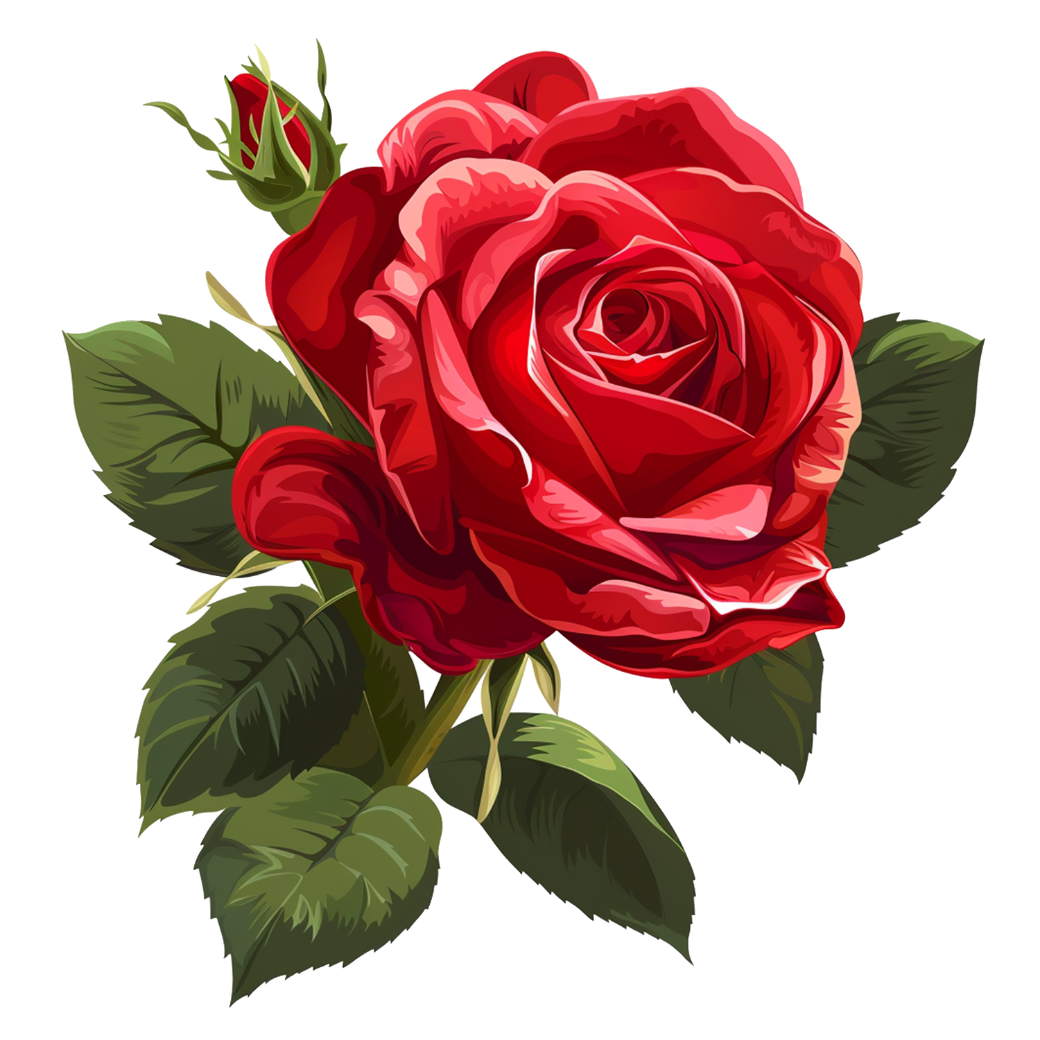 Vibrant red rose with green leaves and bud, detailed vector illustration on white background.