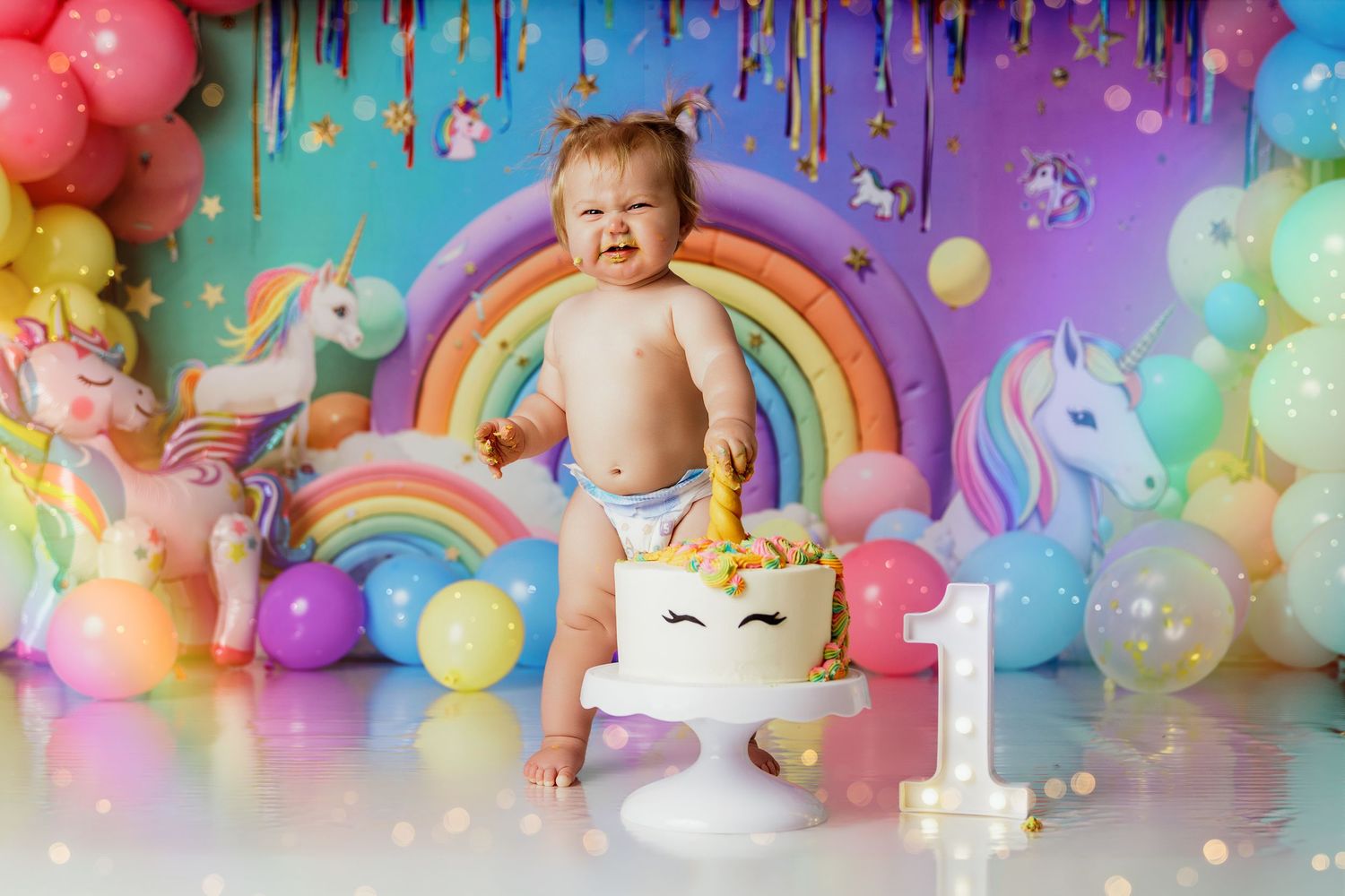Baby's first birthday unicorn cake smash with rainbow backdrop, colorful balloons, and unicorn decorations.