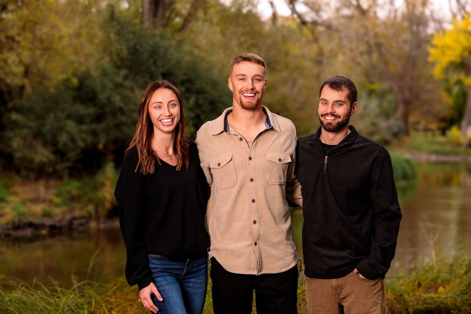 Casual outdoor portrait series featuring small groups posing together in a natural setting.