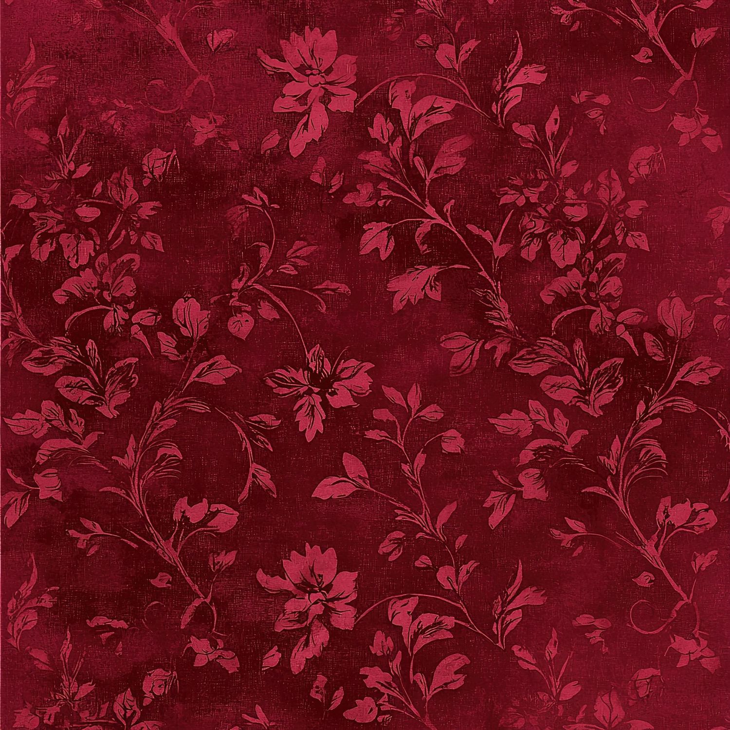 Deep crimson fabric with elegant tonal floral vine pattern on a rich burgundy textured background.