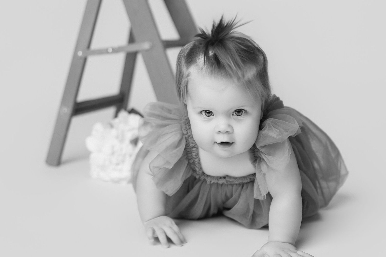 Baby in tulle dress crawls near wooden ladder prop during photo session.