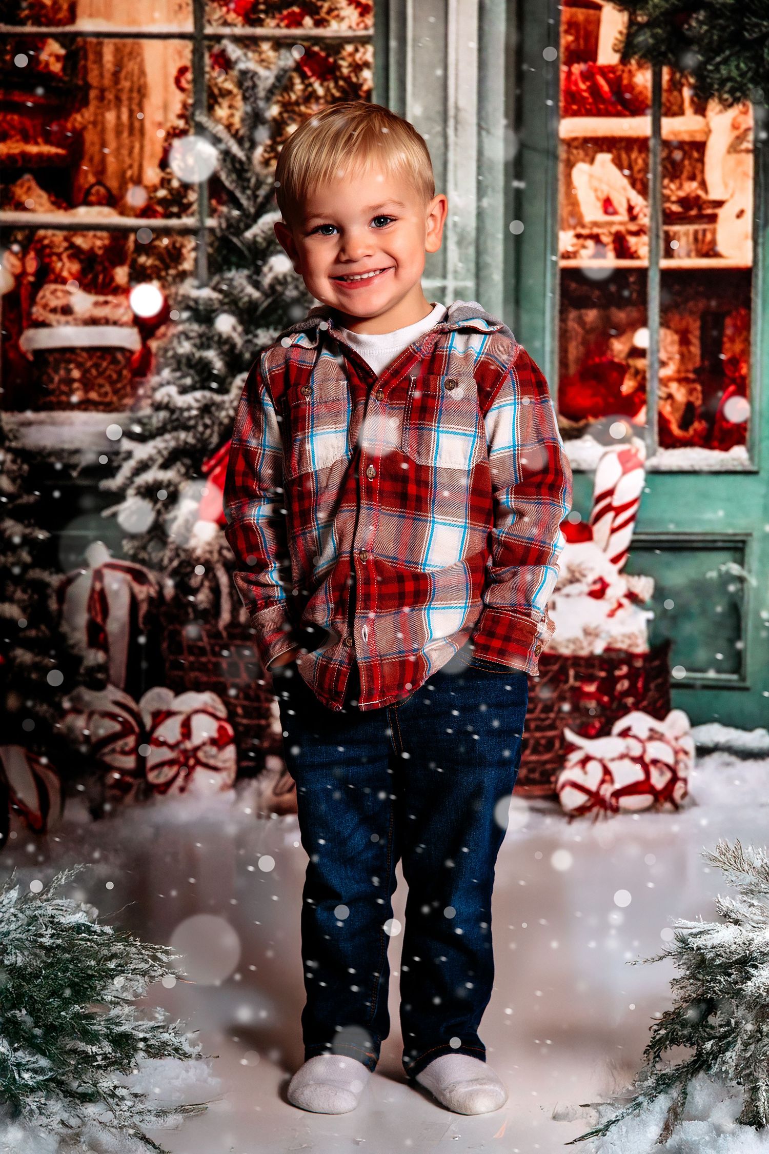 Festive winter scene with plaid shirt and snow falling against Christmas decorations.