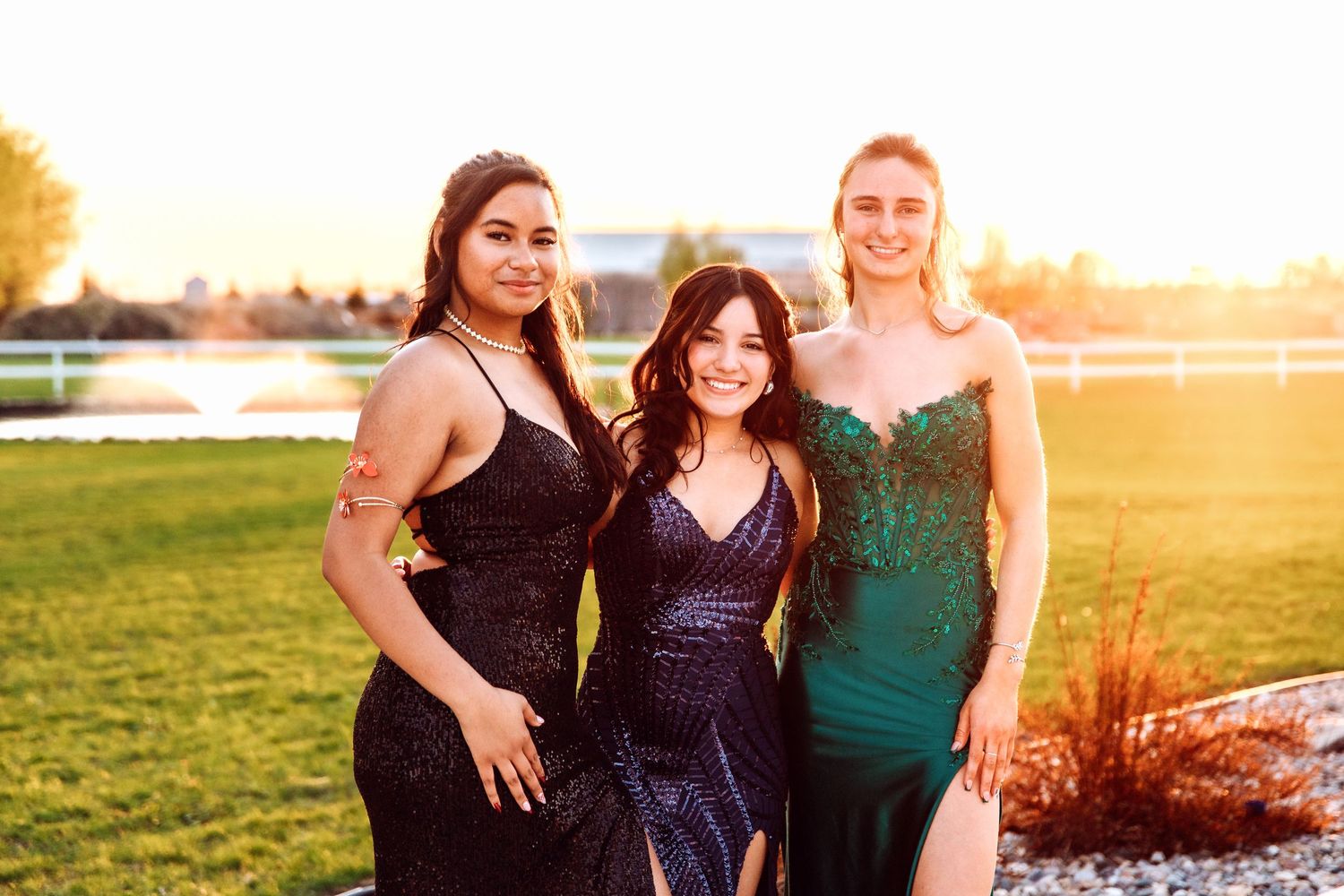 Group of friends in formal attire pose together outdoors at sunset during a special occasion.
