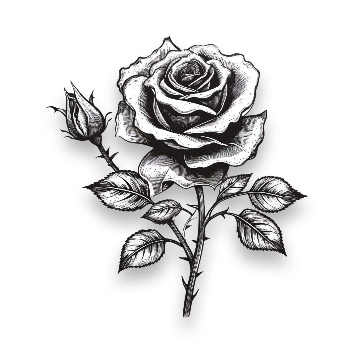 Three detailed black and white rose illustrations showing different angles and stages of bloom with realistic shading.