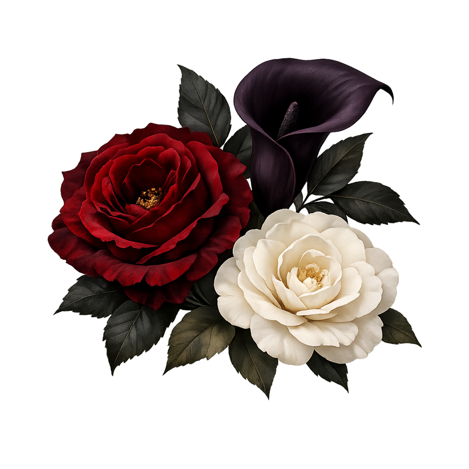 Elegant floral arrangement featuring a deep red rose, white peony, and dark purple calla lily with lush dark green leaves.