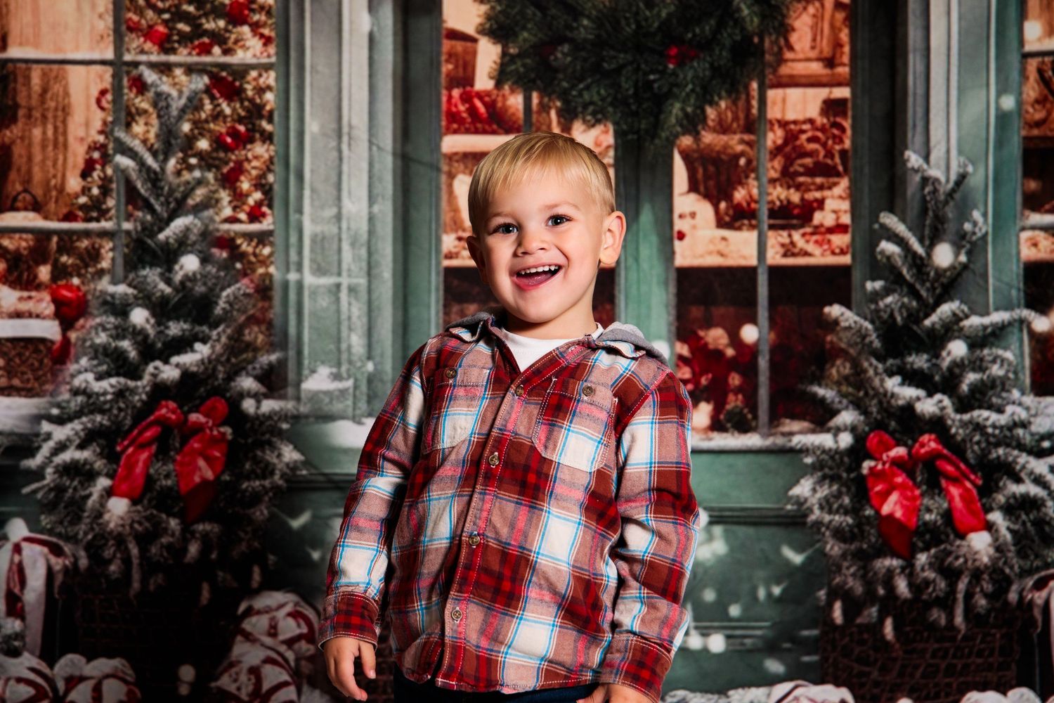 Holiday portraits with plaid shirt against festive backdrop with snow-covered trees and red decorations.
