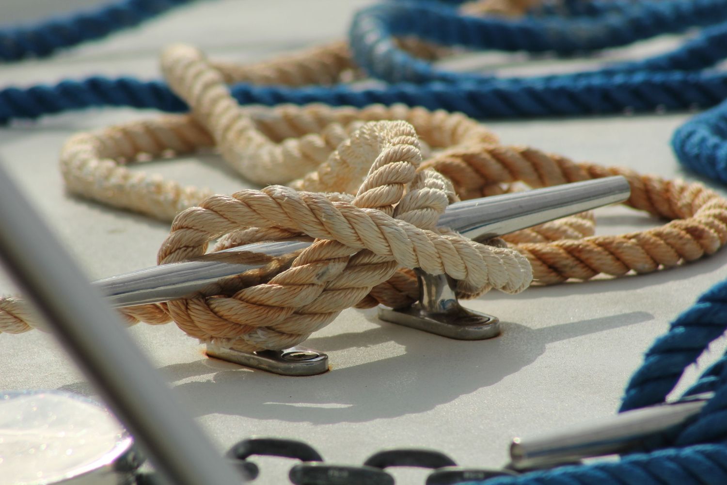 Nautical knots on boat post near Pensacola Beach—white & blue rope detail, candid fine art photo by Photography by Rachel.