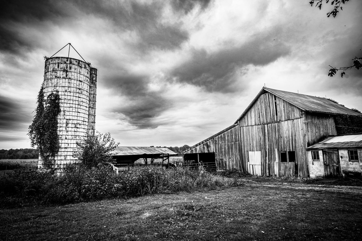 Black and white photo of an old rustic barn and grain silo under dramatic cloudy skies in a rural countryside setting.