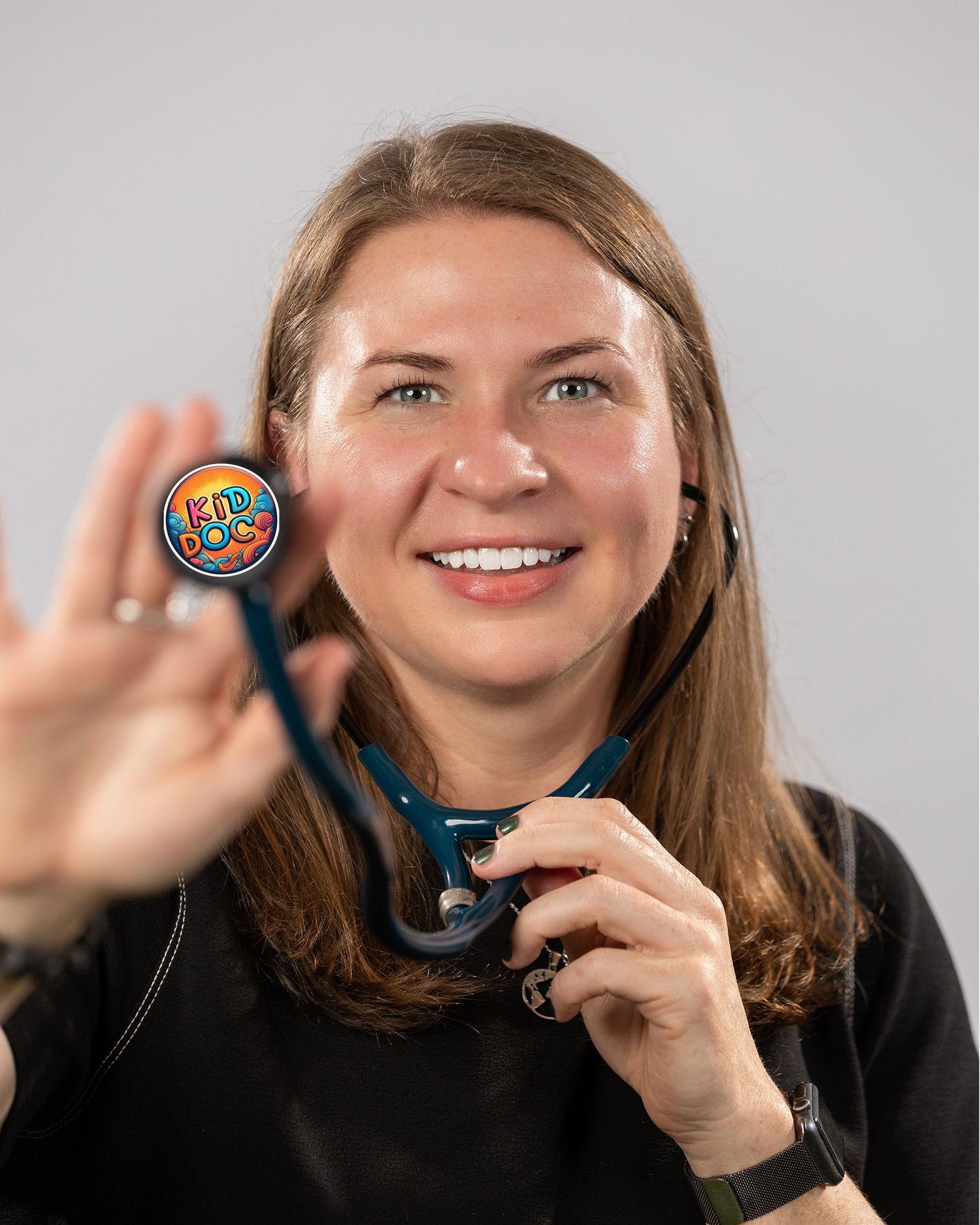 Healthcare professional demonstrating stethoscope use with animated expressions.